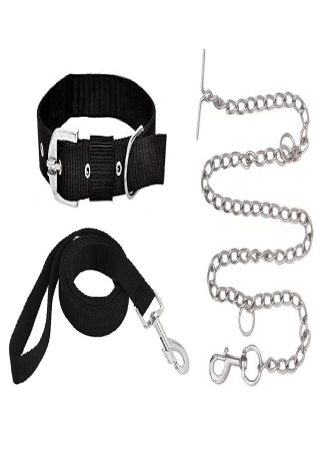 RoverPets Combo of 22MM Nylon Collar Belt with Leash and Long Stainless Steel Leash Chain Set Ideal for Dogs and Puppies Outdoor Walking & Training (Black and Silver) - Image 1